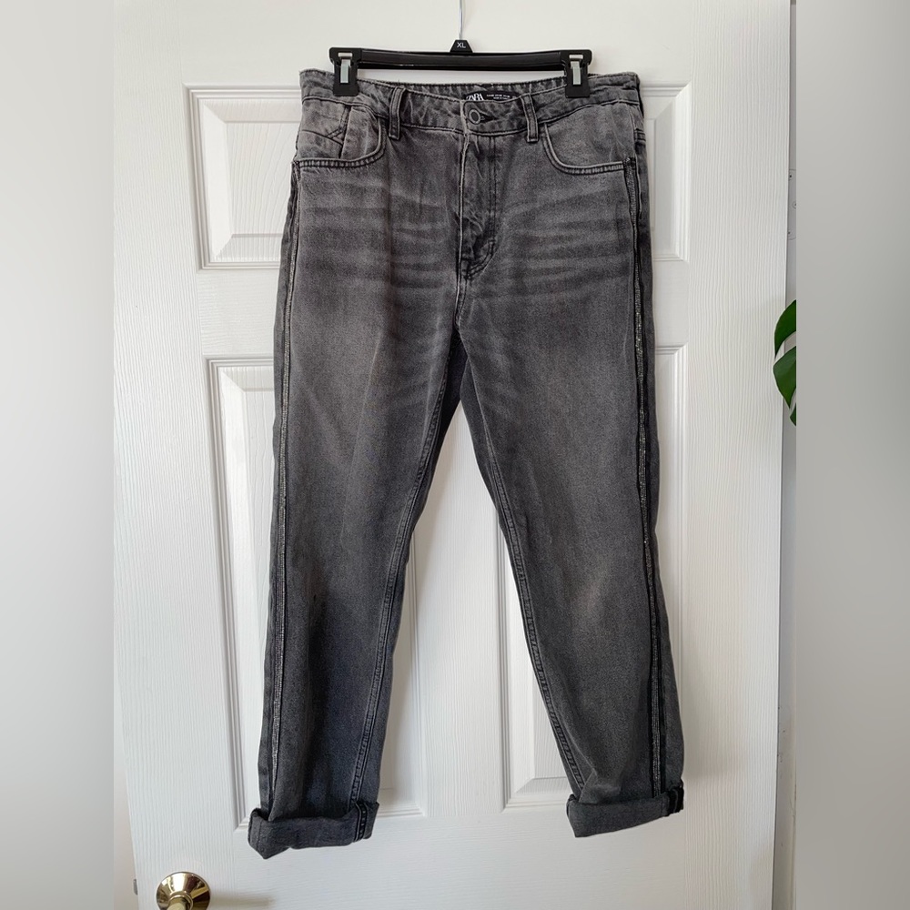 Zara | Gray Sequin Side Stripe Boyfriend Jeans | Size 8